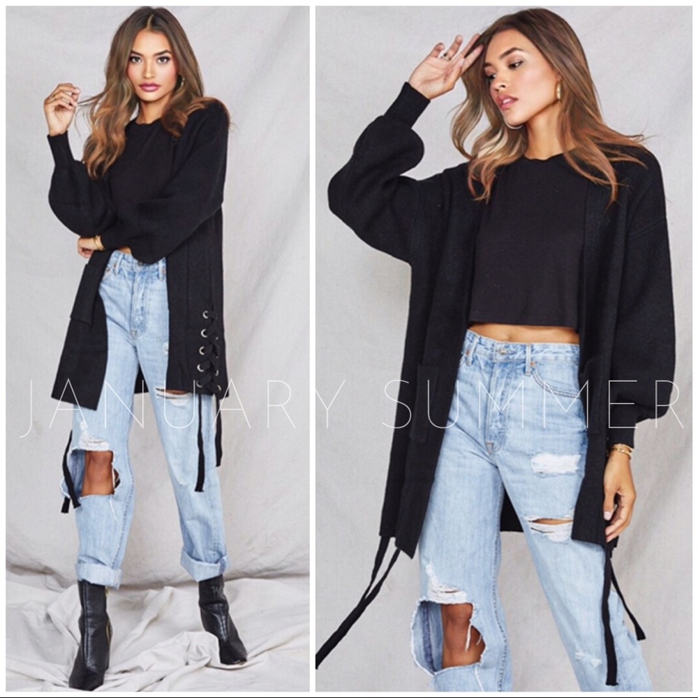❄️BLACK LONG LACE UP SWEATER KNIT CARDIGAN